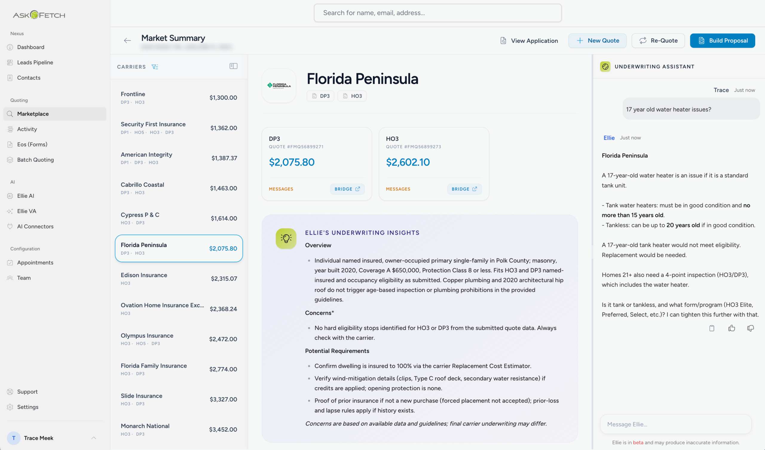 Ask Fetch Marketplace with ranked Florida carrier quotes and Ellie underwriting assistant